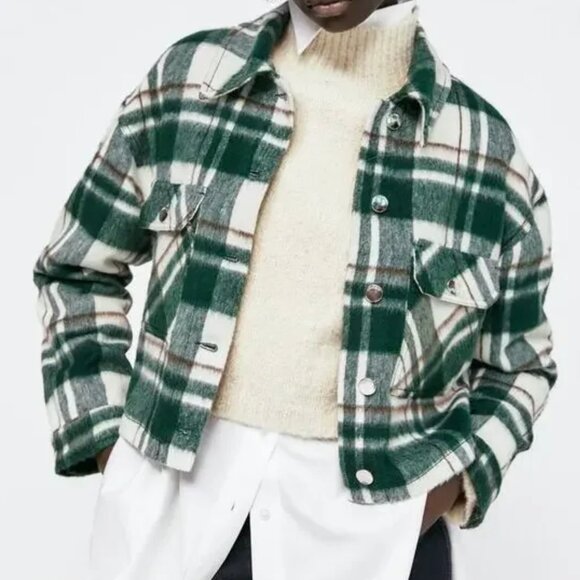 Zara Cropped Green and White Plaid Flannel Jacket, L - Picture 6 of 6